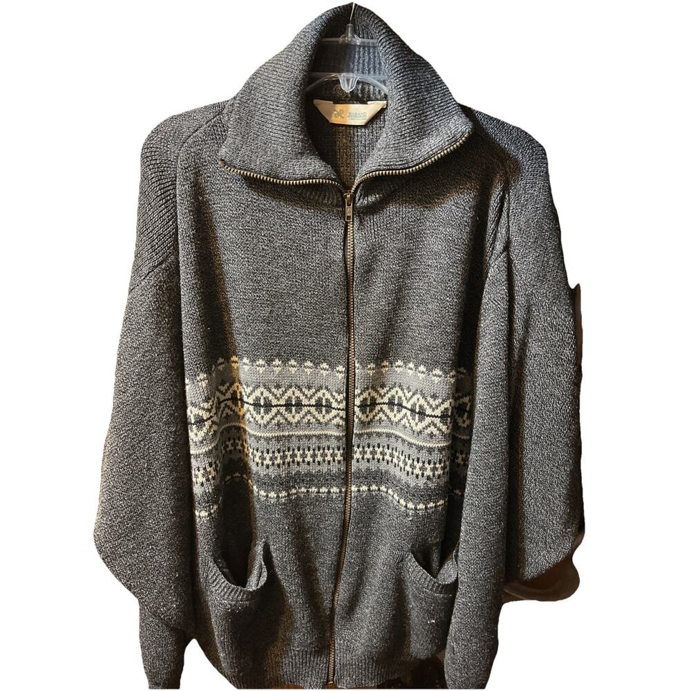 Haband Full Zip Cardigan L Mock Neck Gray Nordic Sweater Pockets Acrylic LS VTG